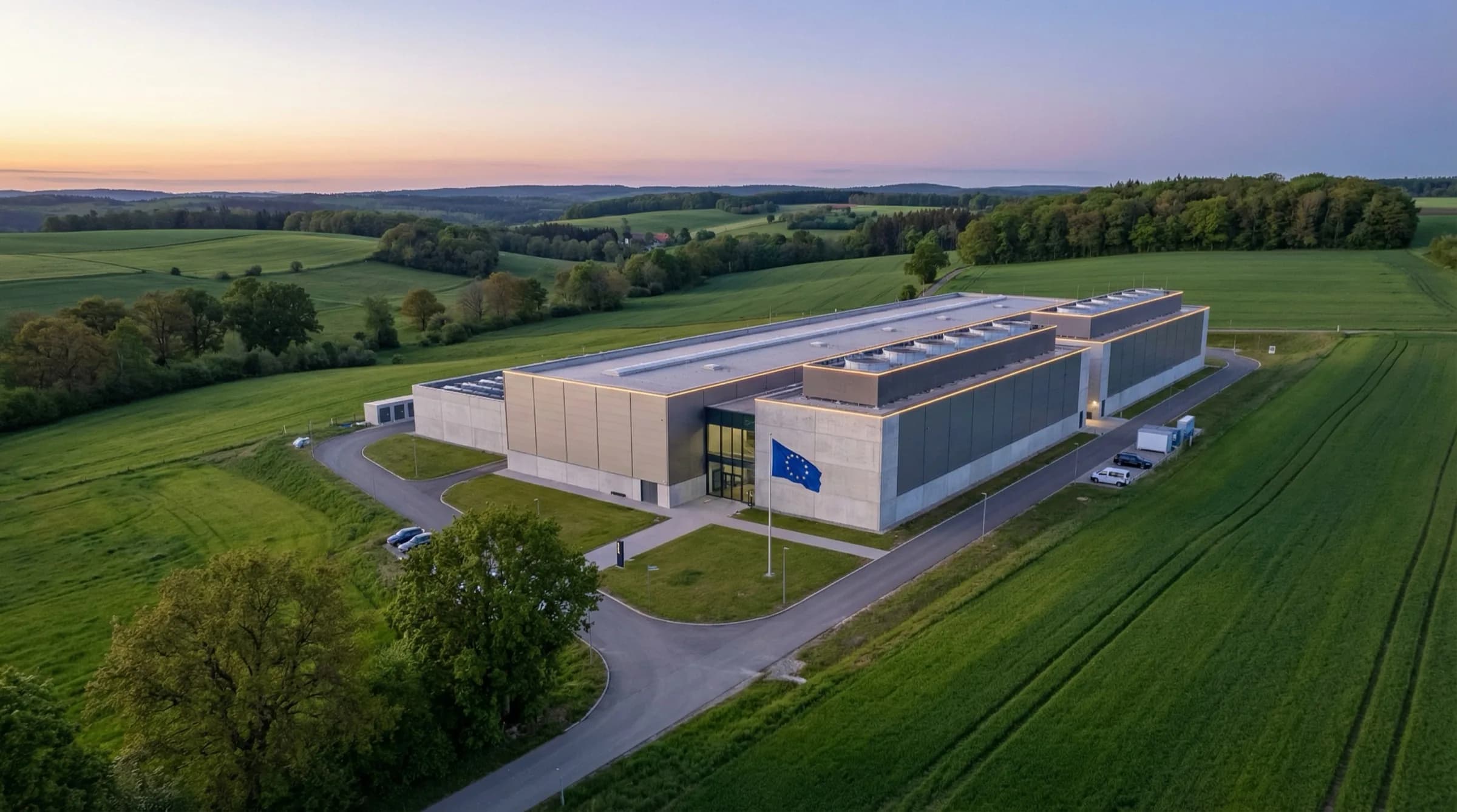 Europäisches Rechenzentrum in Deutschland mit EU-Flagge